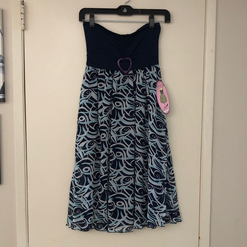 FANG’s Dolled-Up Navy & Lt. Blue Strapless Patterned Sundress! Heart Buckle ! M